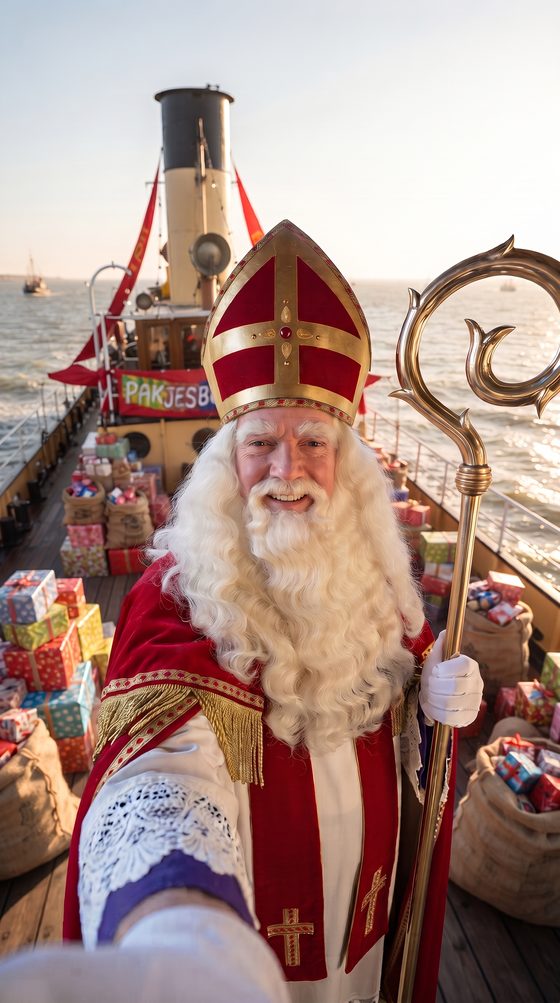 Sinterklaas die een video opneemt op het dek van zijn stoomboot