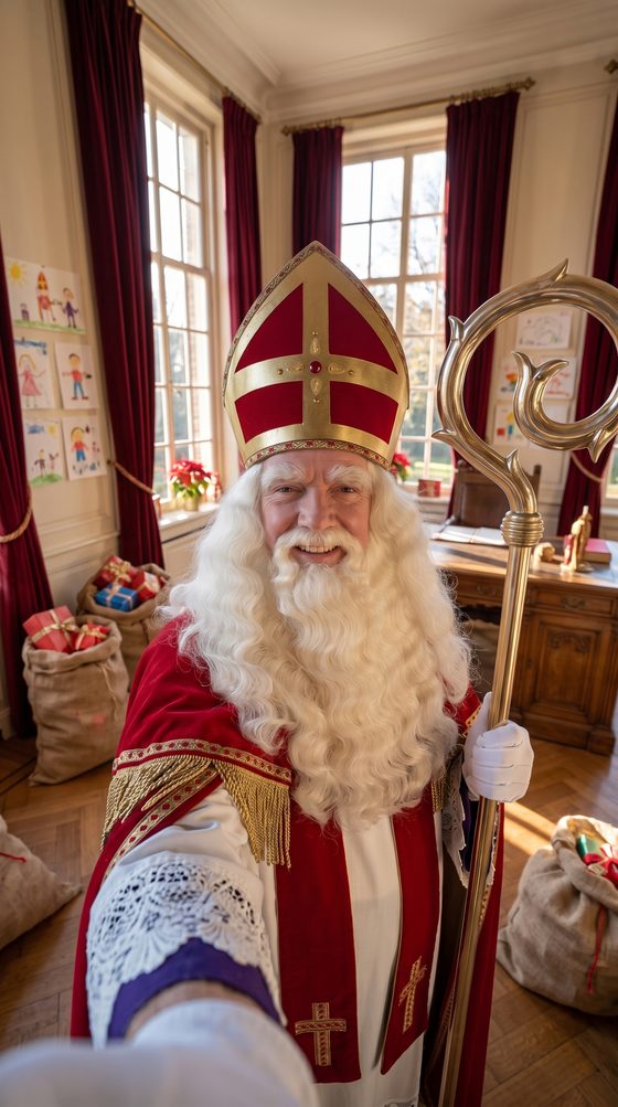 Sinterklaas die een video opneemt in zijn werkkamer in Nederland