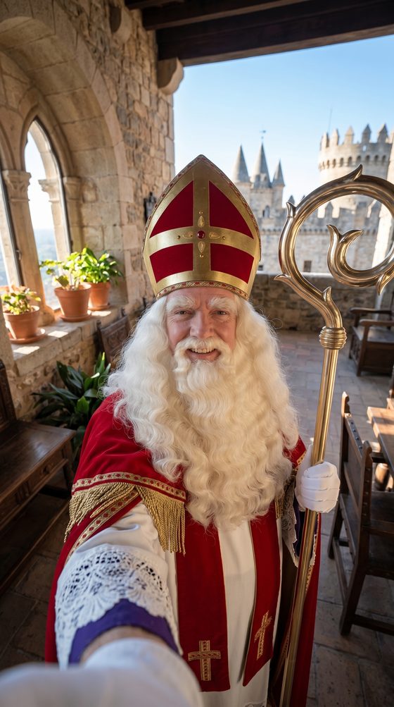 Sinterklaas die een video opneemt op het balkon van zijn kasteel in Spanje